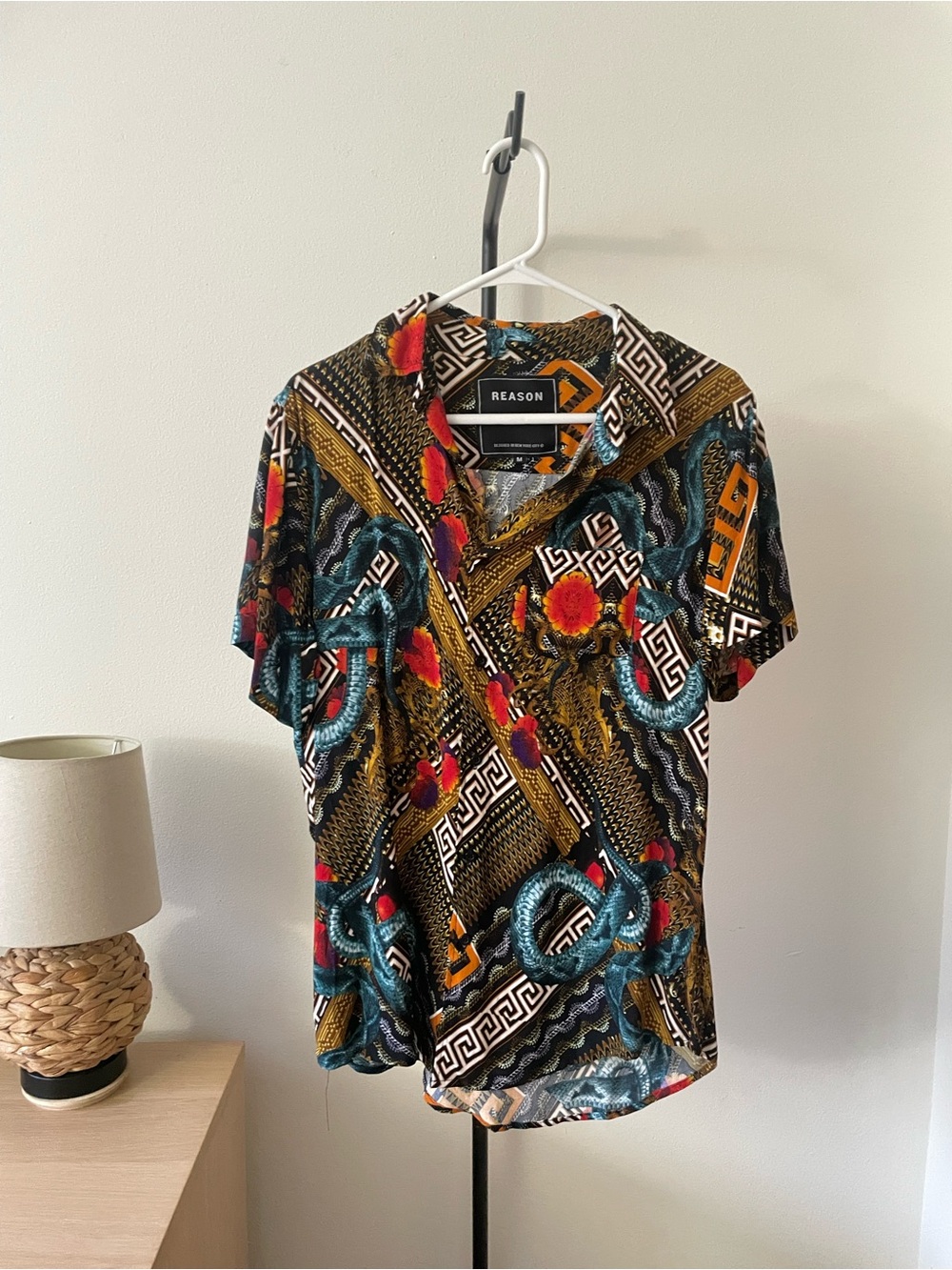 Reason Men's Short-Sleeve Button-Up Shirt - Black, Teal & Gold Print